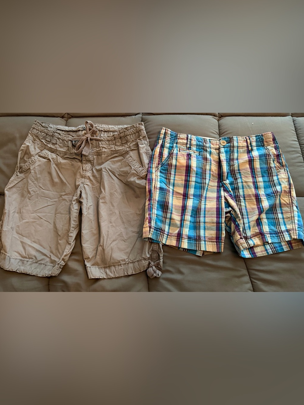 Women’s shorts duo, Faded Glory Plaid Blue Size 8 & Tan OP Shorts Size 11